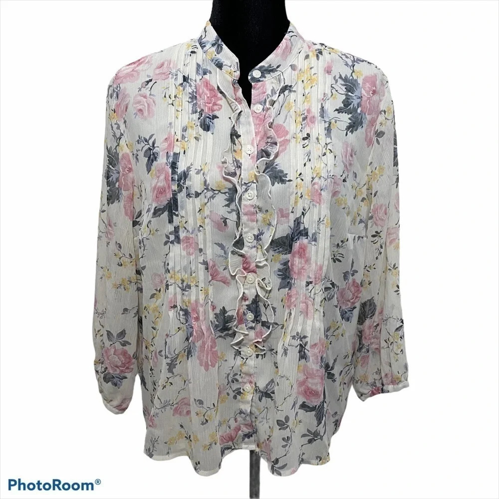 Van Heusen Ruffle Floral Blouse Top XL Office wear